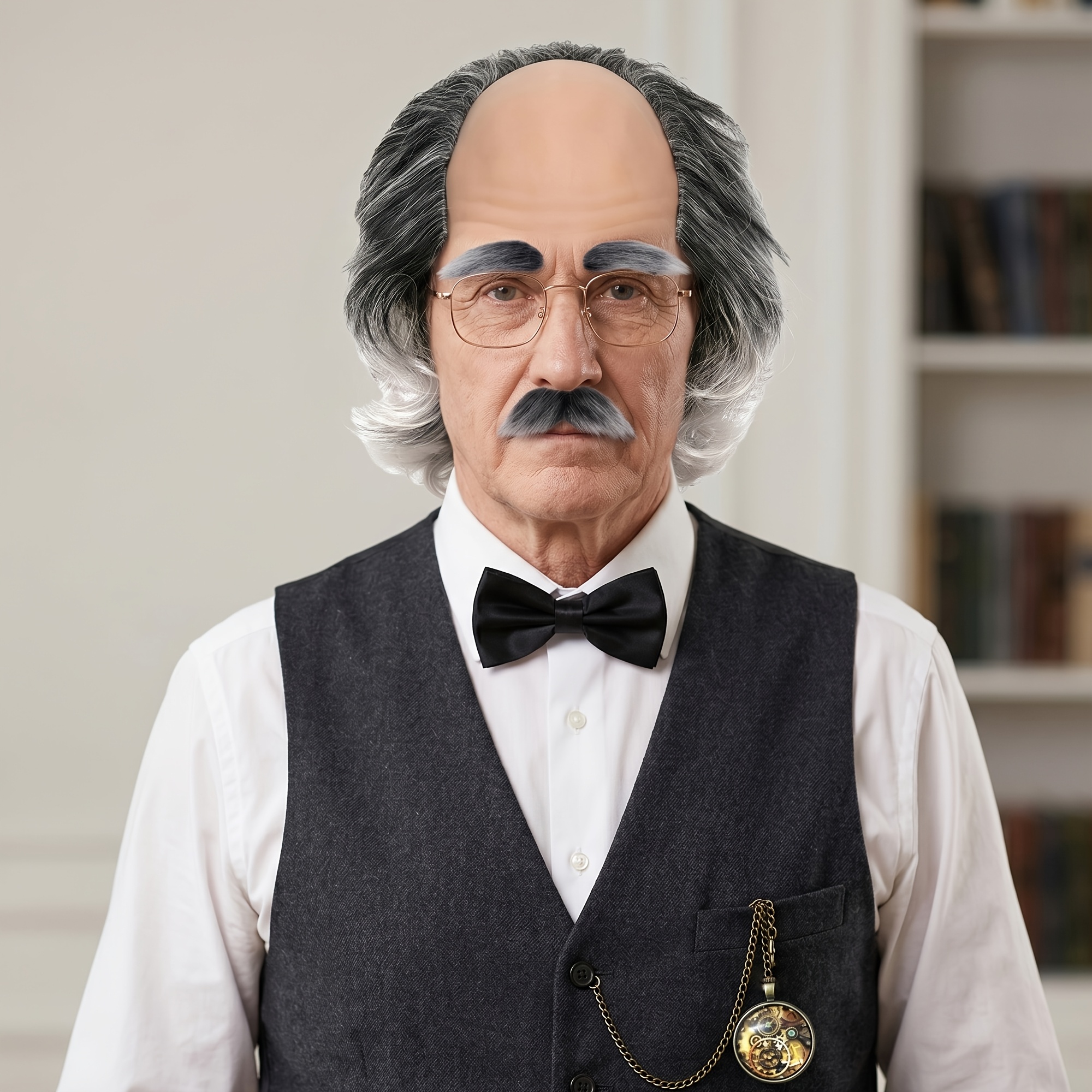 5pcss Halloween Fun Elderly Gray Bald Hat And Beard And Faux Pocket Watch Necklace And Glasses And Bow Tie 5pcss Set, Men'S Halloween Cosplay Costume, Suitable for Party Stage Performance Dress-Up, Holiday Performance