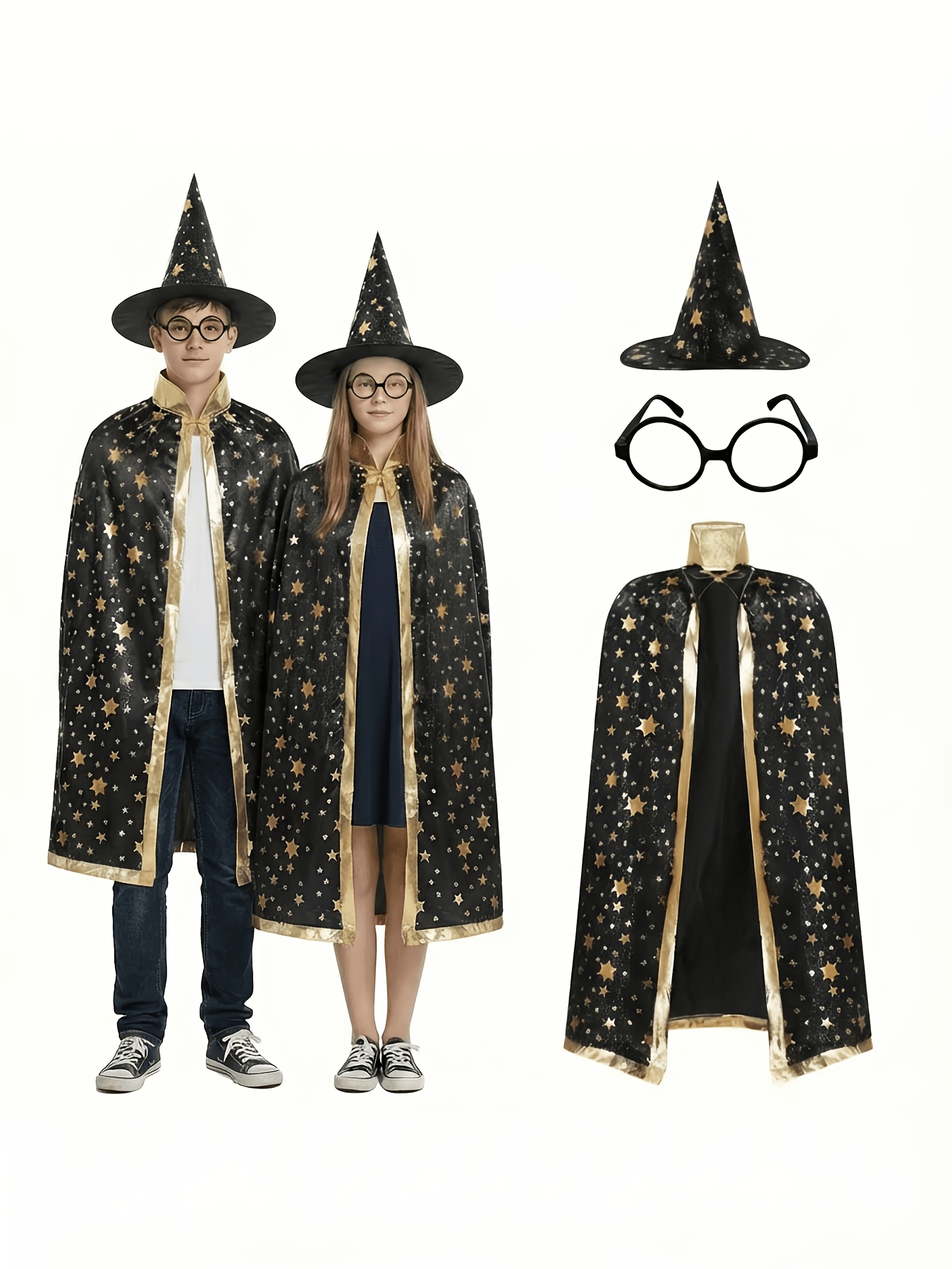 3pcs Wizard Costume for Teens, Blue & Golden Starry Witch Cape with Pointed Hat and Round Eyeglass Frames (No Lenses), Teenager Styling Costume for Halloween, Carnival, Masquerade, and School Performance, for Teenager - Image 2