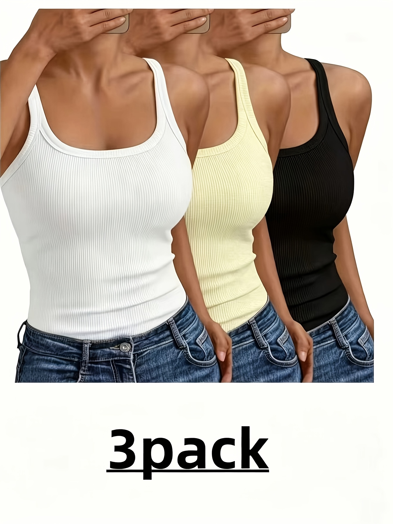 3pcs Simple Solid Ribbed Sleeveless Tops, Slim Fit Casual Tank Tops for Everyday Use - Image 4