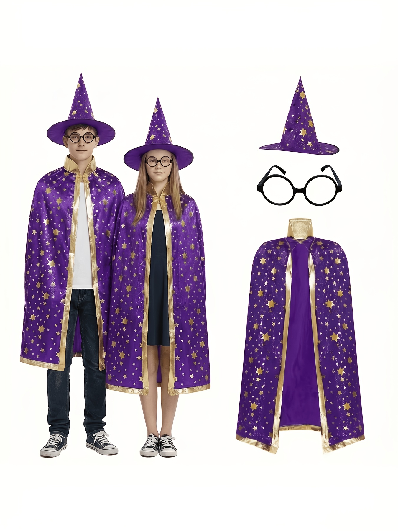 3pcs Wizard Costume for Teens, Blue & Golden Starry Witch Cape with Pointed Hat and Round Eyeglass Frames (No Lenses), Teenager Styling Costume for Halloween, Carnival, Masquerade, and School Performance, for Teenager - Image 4