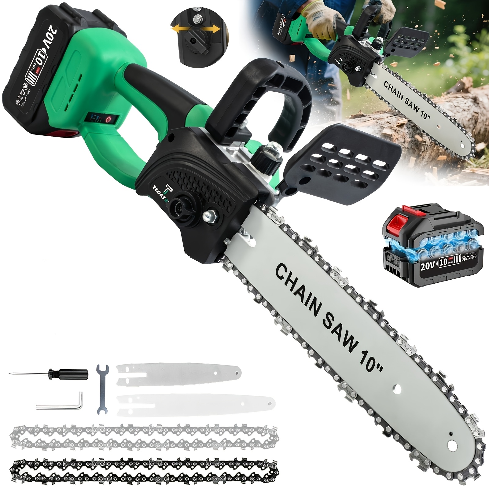 10 Inch/6 Inch Cordless Electric Chainsaw | 20V, 2*4.0Ah Lithium Batteries, 2*Chains, Charger, Efficient Cutting, for Wood Trimming, Woodworking, Landscaping, Yard Pruning - TEGATOK