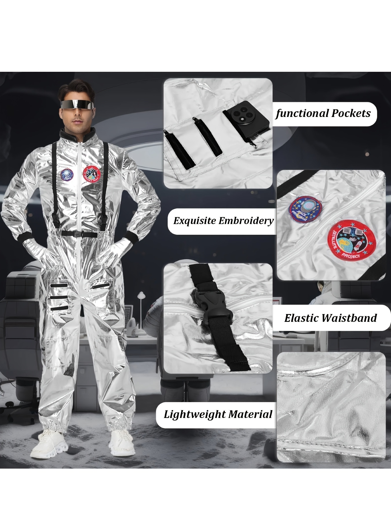 Men'S Silver Astronaut Costume Adult Spaceman Jumpsuit Space Explorer Suit for Halloween Party Role Play - Image 6