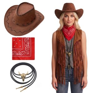 Women's 3pcs Vintage 70s Hippie Cowgirl Costume with Brown Stitch Western Hat, Red Bandana & Bull Bolo Tie - Retro Ranch Party Outfit Suitable for Rodeo, Country Music Festivals, Western-Themed Parties, Cowgirl Attire