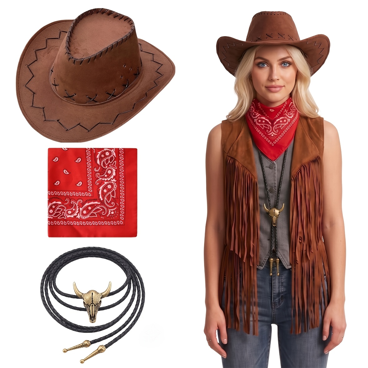 Women's 3pcs Vintage 70s Hippie Cowgirl Costume with Brown Stitch Western Hat, Red Bandana & Bull Bolo Tie - Retro Ranch Party Outfit Suitable for Rodeo, Country Music Festivals, Western-Themed Parties, Cowgirl Attire