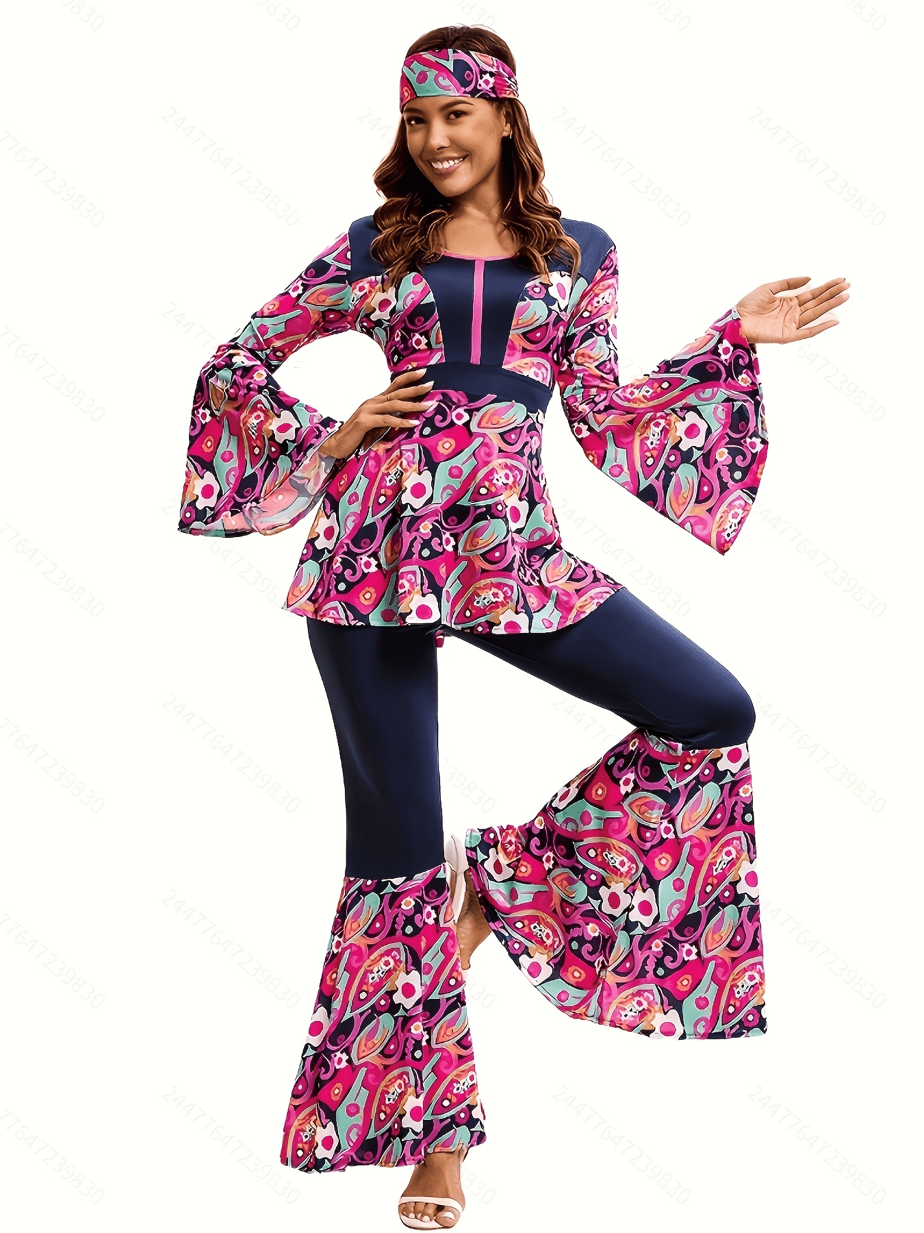 4pcs Set of 70s Hippie Disco Retro Clothing for Women, Including Long Sleeved Shirt+flared Pants+headband+peace Pendant, Holiday Costume Set, Cosplay Costume, Halloween Costume Decoration - Image 5