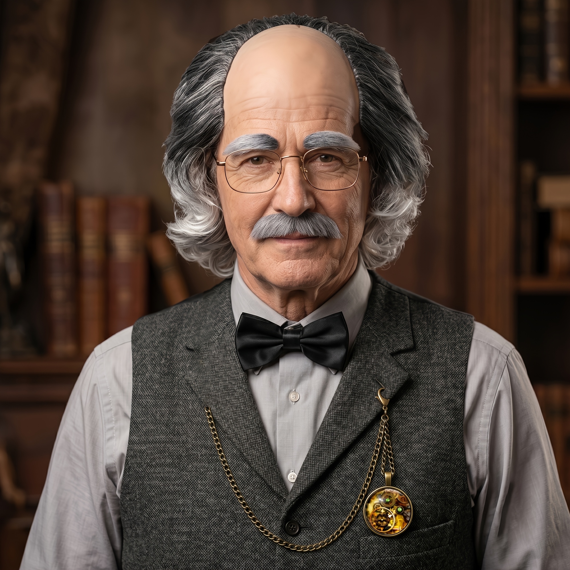 5pcss Halloween Fun Elderly Gray Bald Hat And Beard And Faux Pocket Watch Necklace And Glasses And Bow Tie 5pcss Set, Men'S Halloween Cosplay Costume, Suitable for Party Stage Performance Dress-Up, Holiday Performance