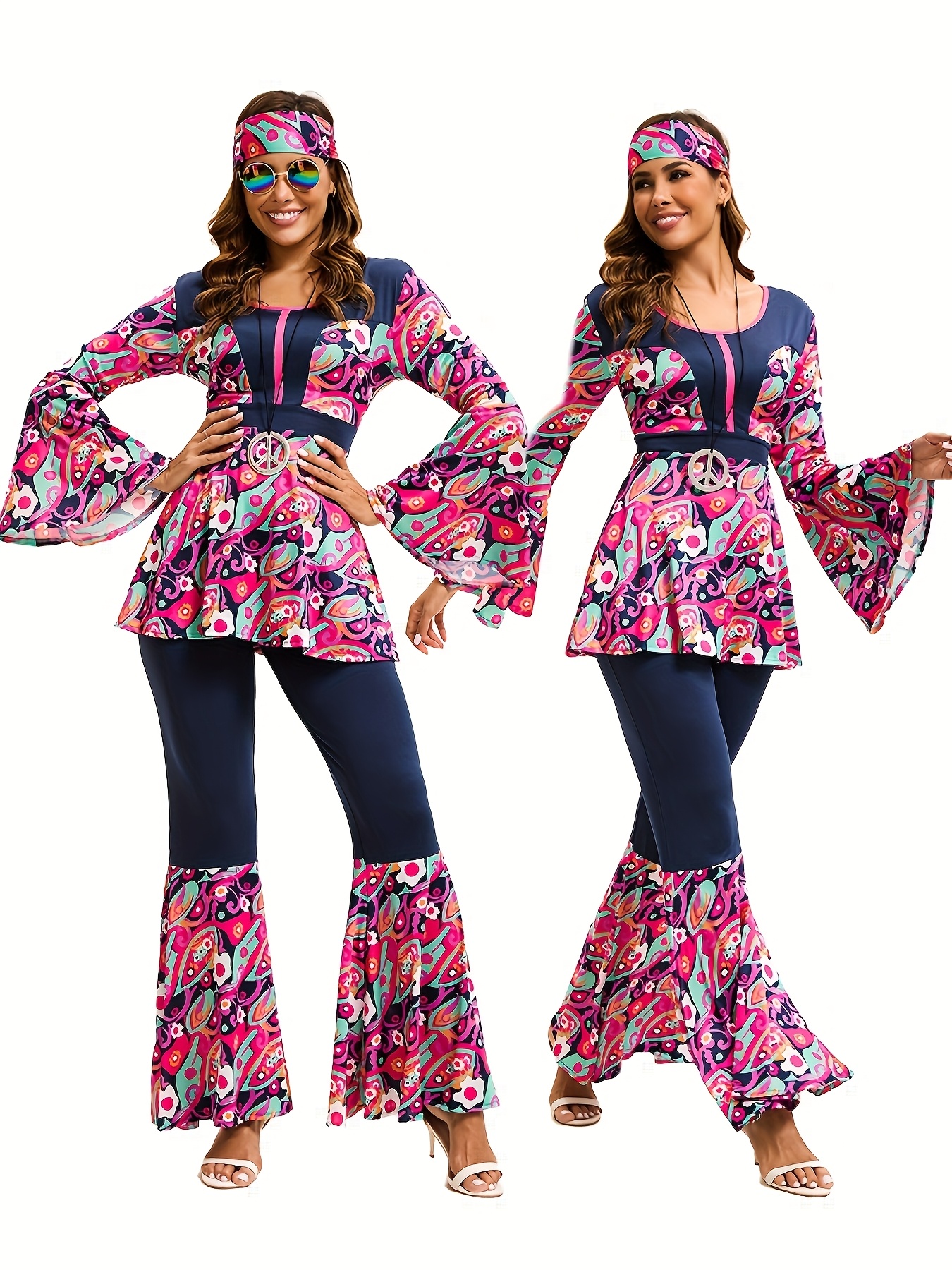 4pcs Set of 70s Hippie Disco Retro Clothing for Women, Including Long Sleeved Shirt+flared Pants+headband+peace Pendant, Holiday Costume Set, Cosplay Costume, Halloween Costume Decoration - Image 3