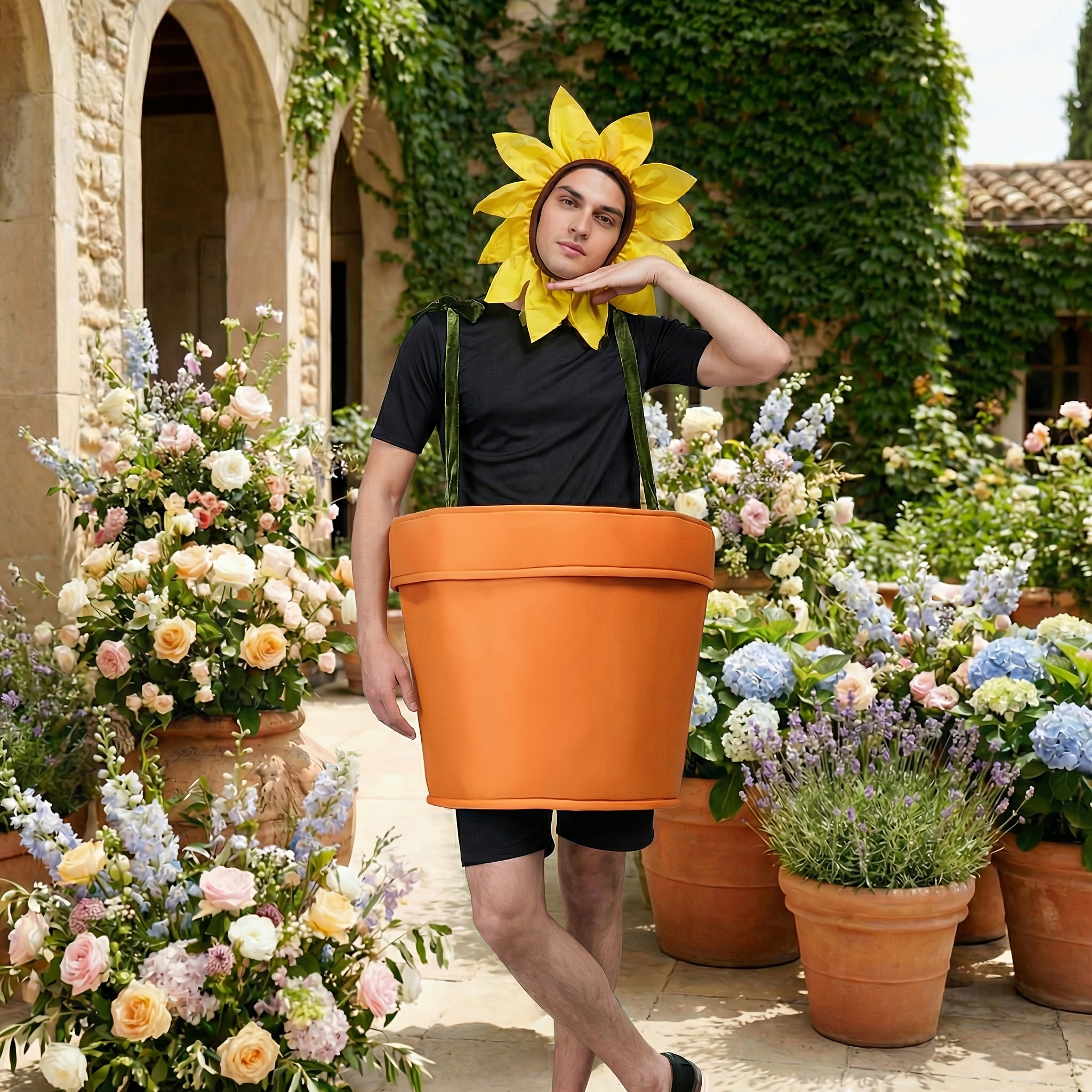Plus Size Two-Piece Unisex Funny Sunflower Costume Potted Plant Flower Pot Halloween Christmas Carnival Reading Festival
