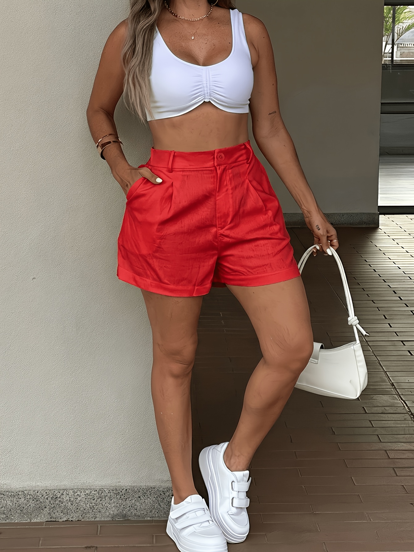 New Spring/Summer Versatile High-Waisted A-Line Casual Pants Pleated Pocket Wide-Leg Shorts - Image 5