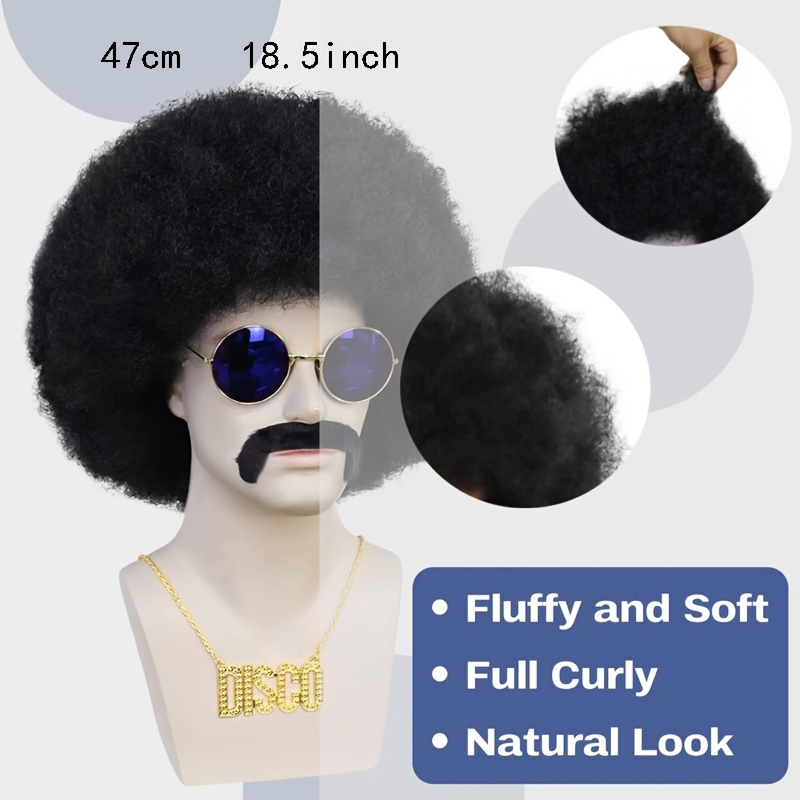 5pcs Set: Wig + Wig Cap + Glasses + Mustache + Necklace. Afro Wig, 70s Men's Afro Wig, 70s Curly Wig, Disco Party Wig, Men's 70s Disco Wig, Short Black Curly Wig, Joystick Costume, Halloween Wig, Men's Role-Play Wig - Image 4