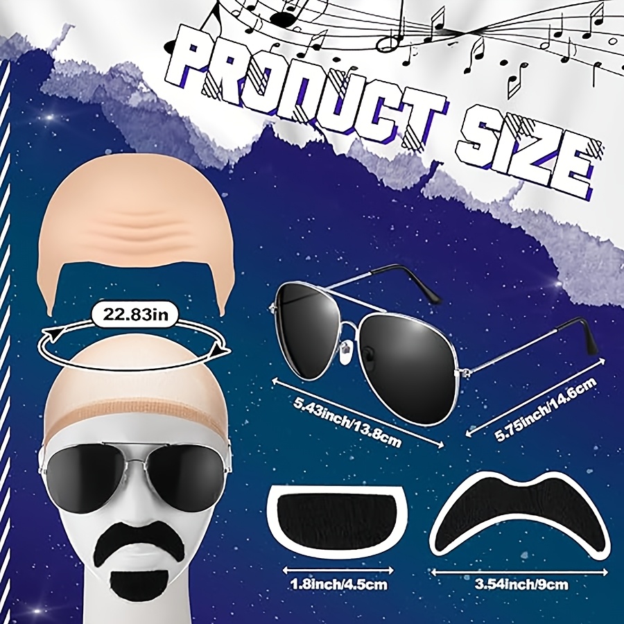Bald Cap with Fake Mustache and Wig Hat Set, Party Costume Accessory for Men Women, Halloween Cosplay Prop, Funny Bald Head Wig for Role Play, Masquerade Costume Set for Adult Party