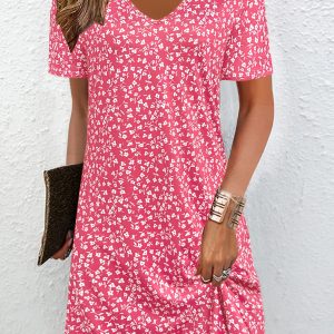 2026 Summer New Style Softcore Floral Print Dress, Pink V-Neck Design, Elevated Apparel, and Figure-Flattering, Gentle Commute Citywalk Outfit, Sweet Style, Ins-Style Trendy Women's Clothing