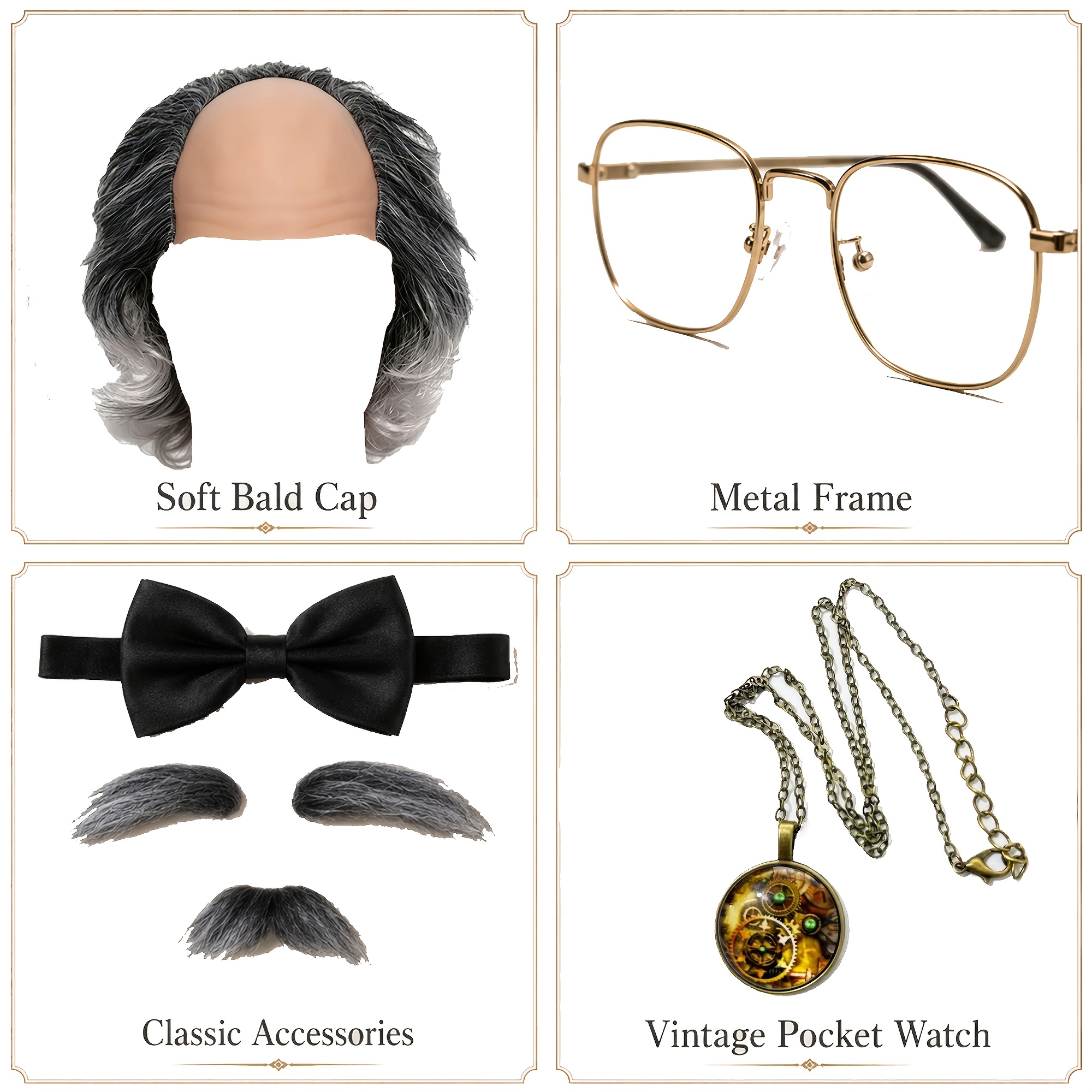 5pcss Halloween Fun Elderly Gray Bald Hat And Beard And Faux Pocket Watch Necklace And Glasses And Bow Tie 5pcss Set, Men'S Halloween Cosplay Costume, Suitable for Party Stage Performance Dress-Up, Holiday Performance