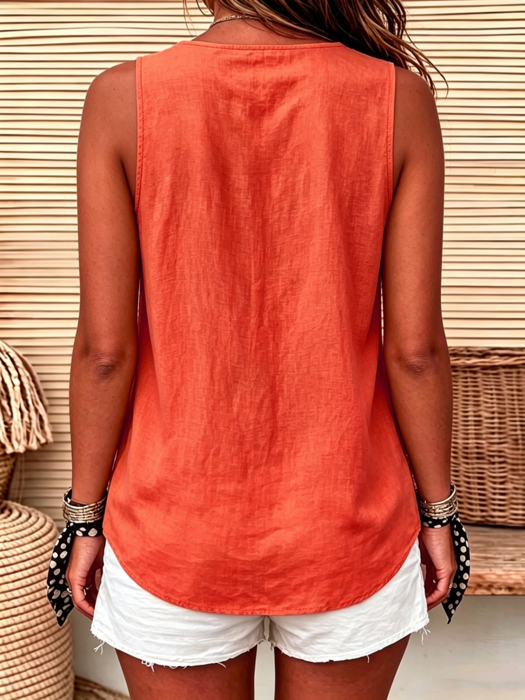 Women'S Casual Sleeveless Top, V-Neck Button-Up Vest Style, Solid Color Loose Fit Blouse, Suitable for Beach Casual And Daily Wear - Image 8