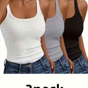3pcs Simple Solid Ribbed Sleeveless Tops, Slim Fit Casual Tank Tops for Everyday Use