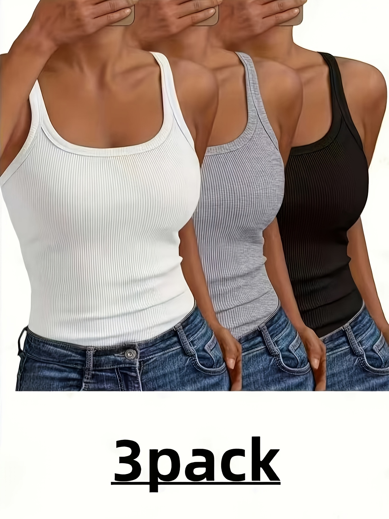 3pcs Simple Solid Ribbed Sleeveless Tops, Slim Fit Casual Tank Tops for Everyday Use