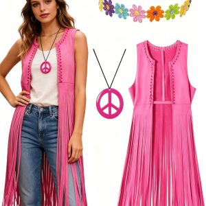 60s 70s Retro Hippie 3pcs Outfit, Pink Striped Tank Top with Headband & Round Badge Accessories, Halloween Costume for Theme Party, Music Festival & Cosplay