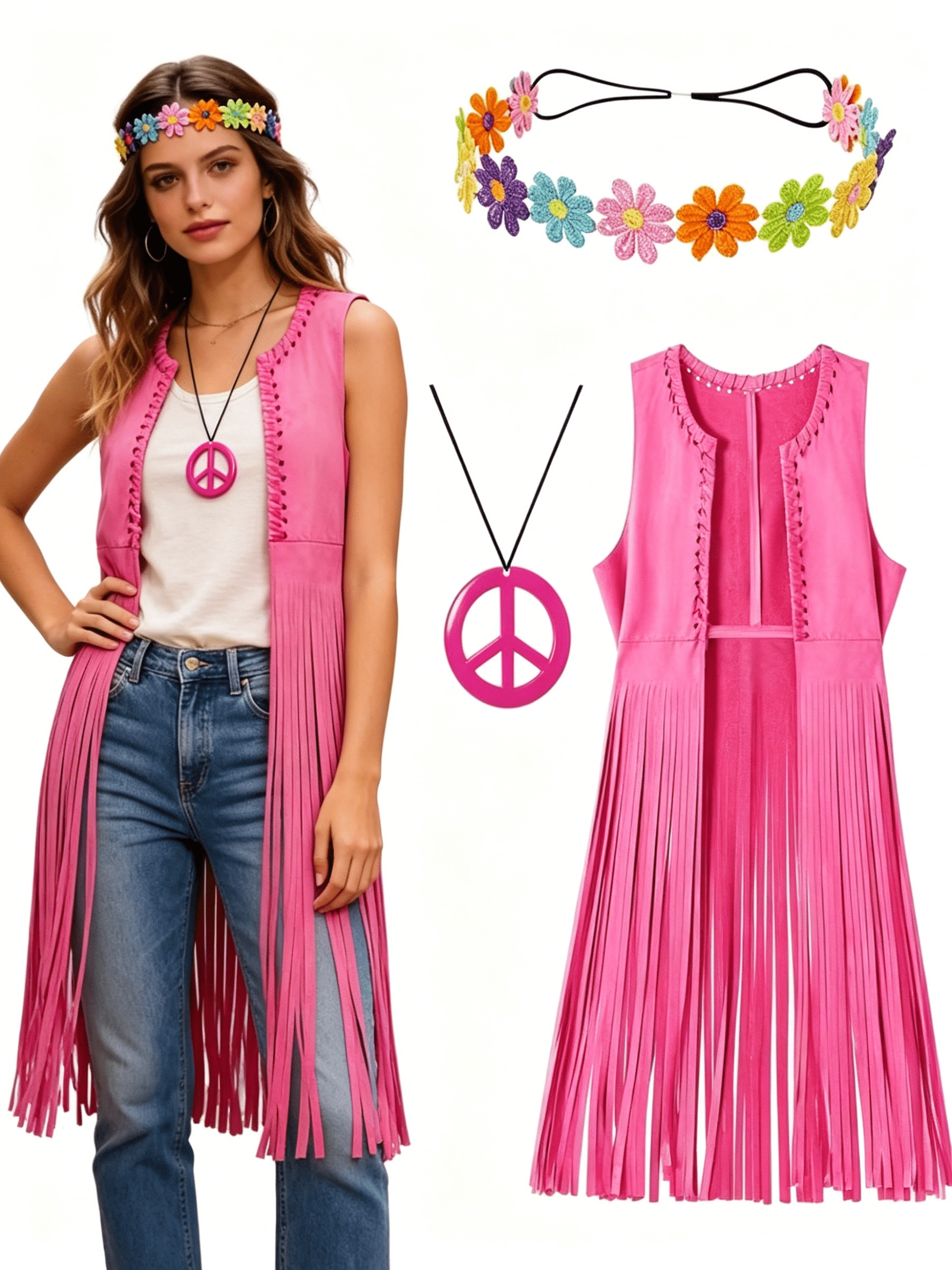 60s 70s Retro Hippie 3pcs Outfit, Pink Striped Tank Top with Headband & Round Badge Accessories, Halloween Costume for Theme Party, Music Festival & Cosplay
