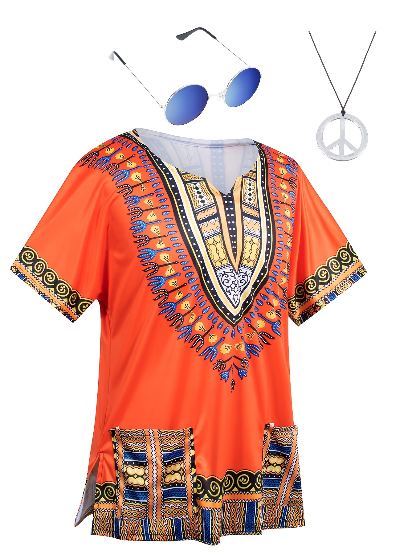 Hippie Clothing Men Women 60S 70S Multicolor T-Shirt 3pcs Set Themed Party Role-Play Outfit, Ethnic Style Print, Men'S Round Neck Design, Halloween Costume, Carnival Costume, Retro Disco Attire - Image 3