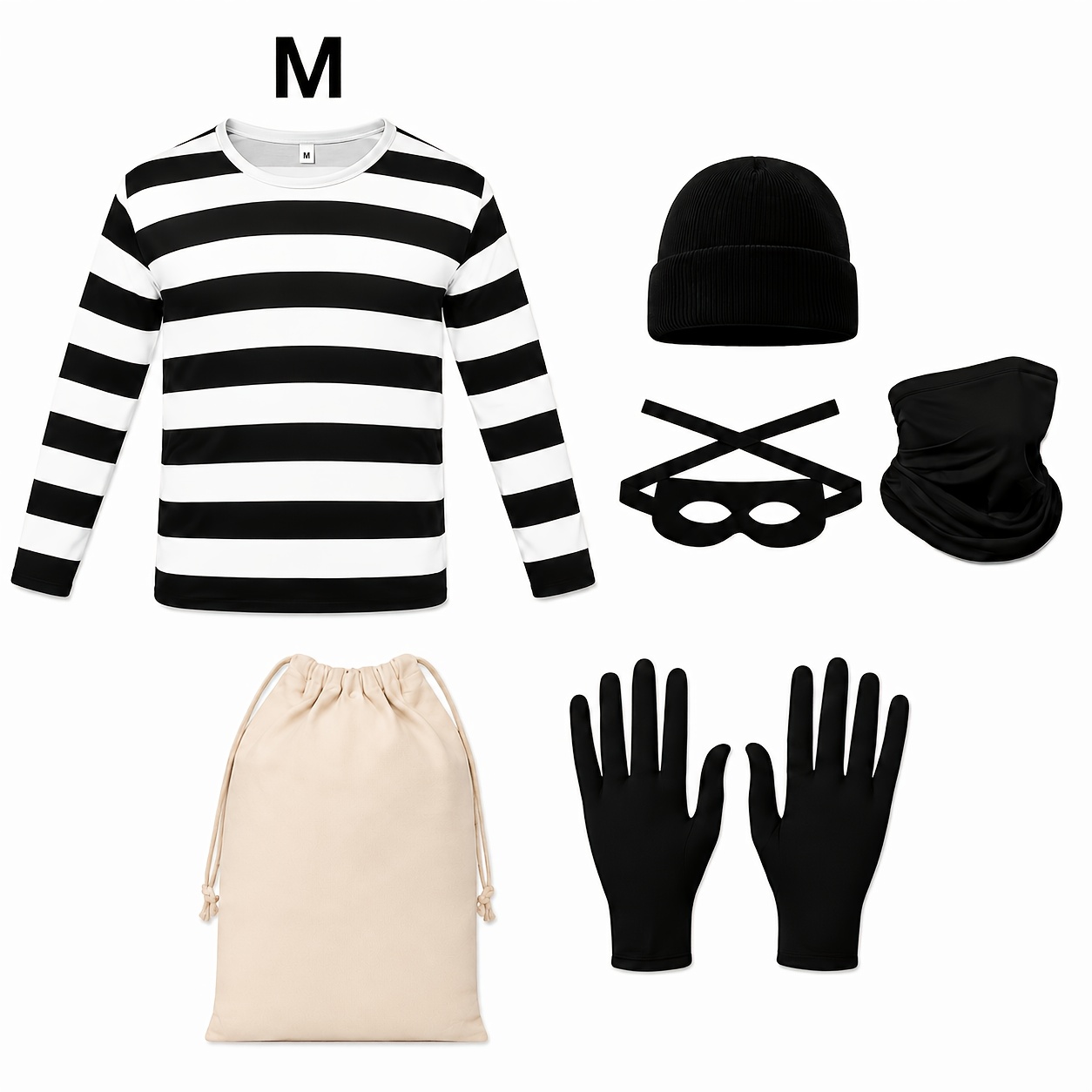 6pcs Halloween Thief Costume Set, Including a Black and White Striped Long-sleeve Top, Black Hat, Face Mask, Strapped Blindfold, Black Gloves, and a Drawstring Money Pouch. Suitable for Halloween Parties and Escape Room Themed Funny Role-playing - Image 8