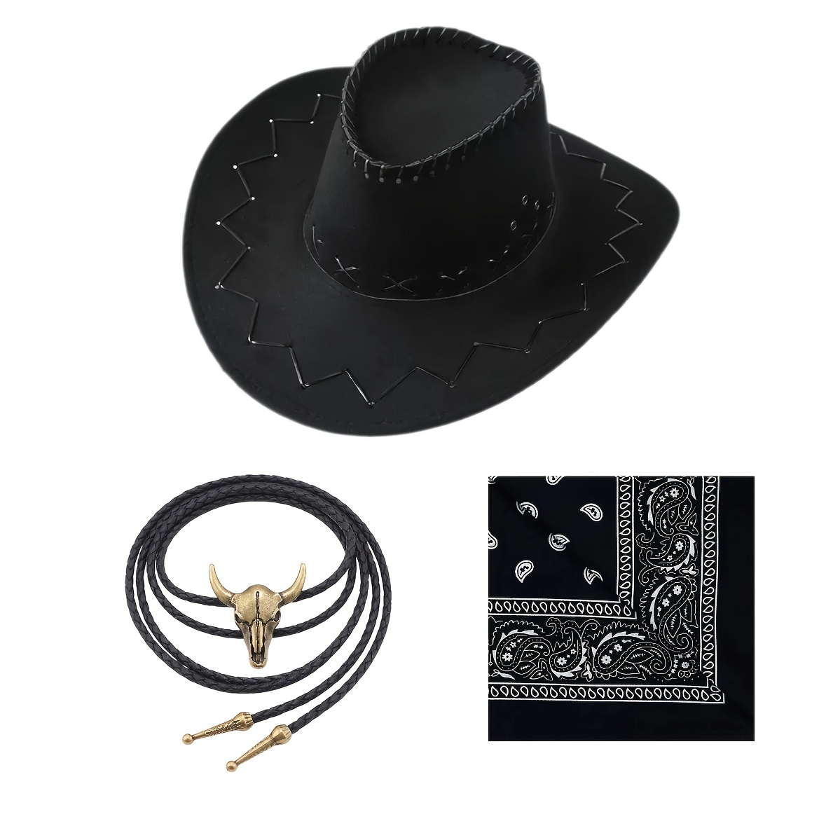 Women's 3pcs Vintage 70s Hippie Cowgirl Costume with Brown Stitch Western Hat, Red Bandana & Bull Bolo Tie - Retro Ranch Party Outfit Suitable for Rodeo, Country Music Festivals, Western-Themed Parties, Cowgirl Attire