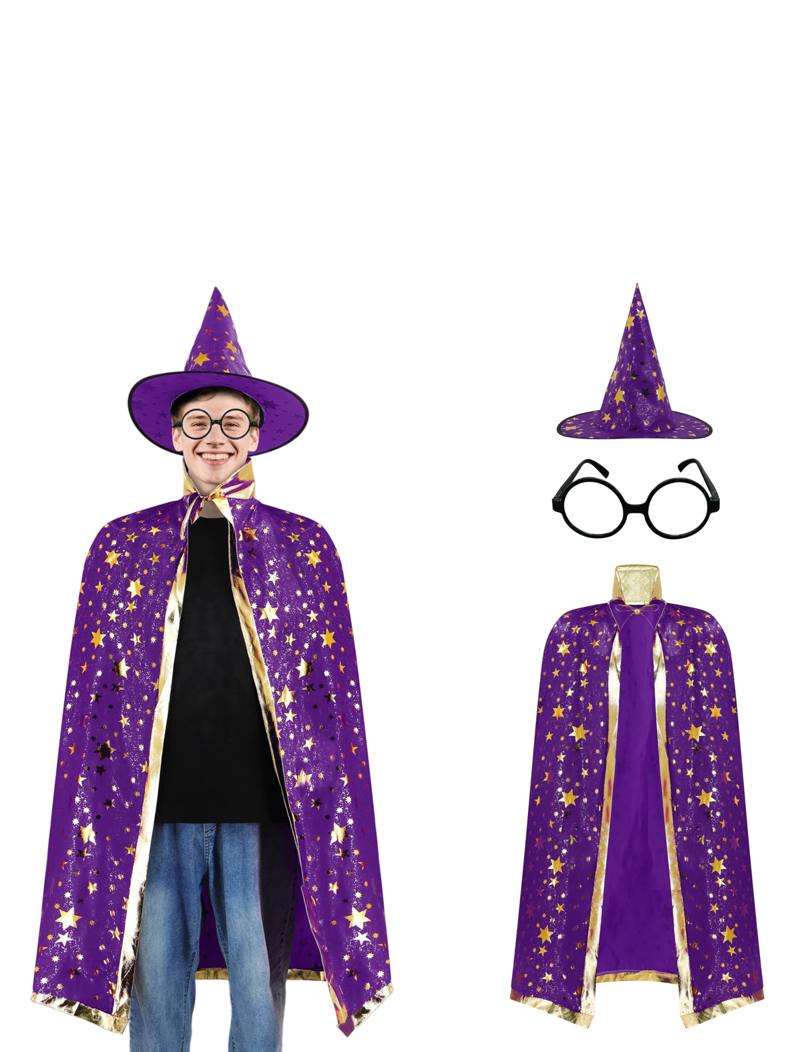 3pcs Wizard Costume for Teens, Blue & Golden Starry Witch Cape with Pointed Hat and Round Eyeglass Frames (No Lenses), Teenager Styling Costume for Halloween, Carnival, Masquerade, and School Performance, for Teenager - Image 8