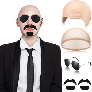 Bald Cap with Fake Mustache and Wig Hat Set, Party Costume Accessory for Men Women, Halloween Cosplay Prop, Funny Bald Head Wig for Role Play, Masquerade Costume Set for Adult Party