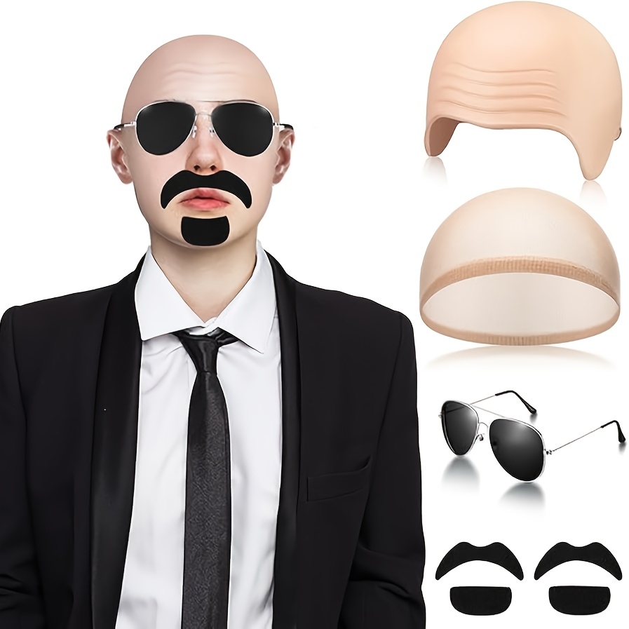 Bald Cap with Fake Mustache and Wig Hat Set, Party Costume Accessory for Men Women, Halloween Cosplay Prop, Funny Bald Head Wig for Role Play, Masquerade Costume Set for Adult Party