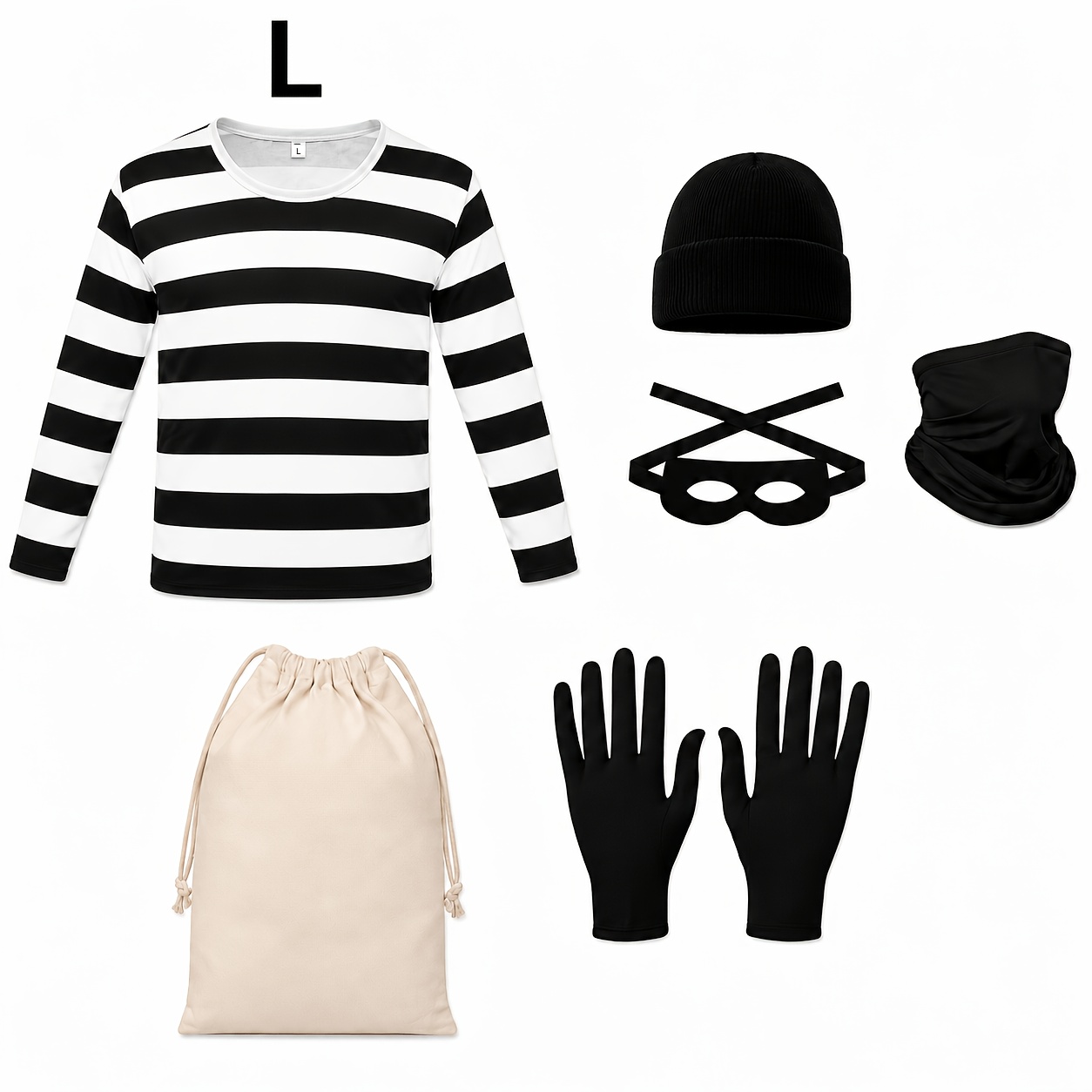6pcs Halloween Thief Costume Set, Including a Black and White Striped Long-sleeve Top, Black Hat, Face Mask, Strapped Blindfold, Black Gloves, and a Drawstring Money Pouch. Suitable for Halloween Parties and Escape Room Themed Funny Role-playing - Image 9