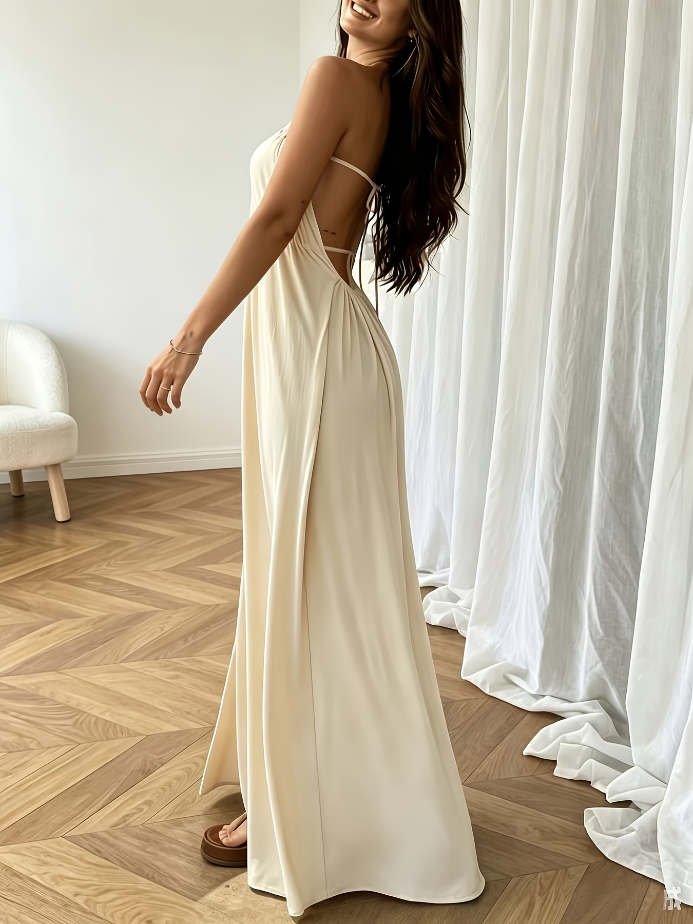 Backless Camisole Long Home Dress, Wearable as Outerwear or Vacation Loungewear, Long Loose Sleepwear, Two-Way Styling! A Relaxed Camisole Maxi Dress Suitable for Both Home and Vacation Wear