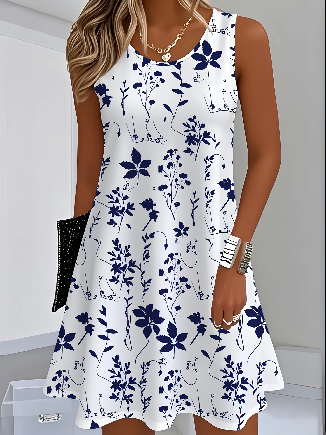 European and American Spring/Summer Women's Floral Digital Print Casual Long Top Sliky Fiber Fabric Dress