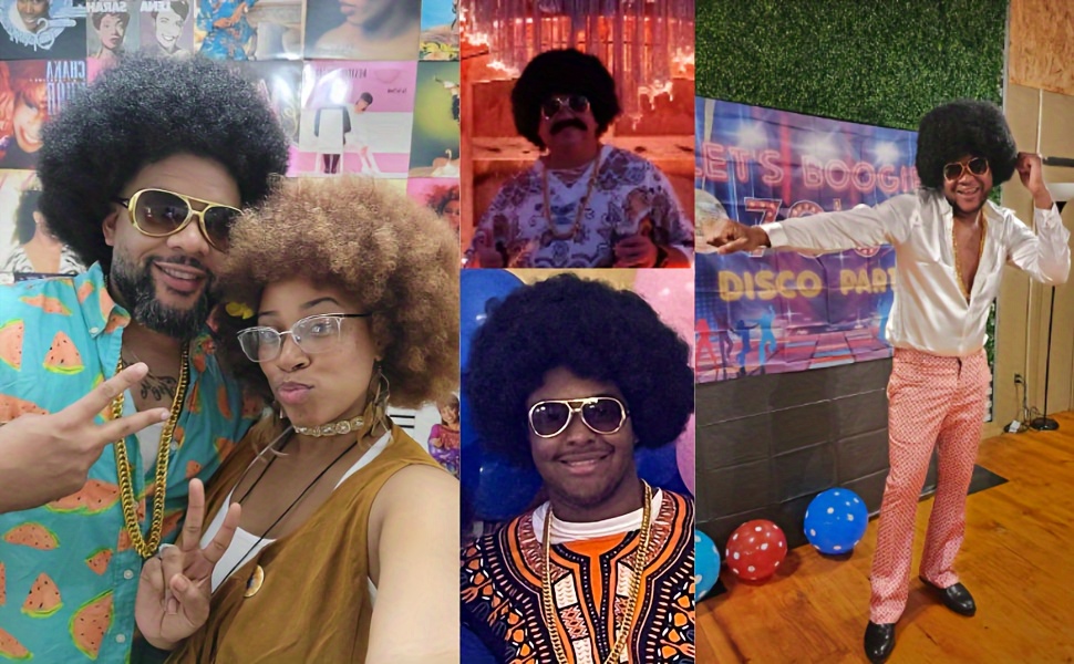 5pcs Set: Wig + Wig Cap + Glasses + Mustache + Necklace. Afro Wig, 70s Men's Afro Wig, 70s Curly Wig, Disco Party Wig, Men's 70s Disco Wig, Short Black Curly Wig, Joystick Costume, Halloween Wig, Men's Role-Play Wig