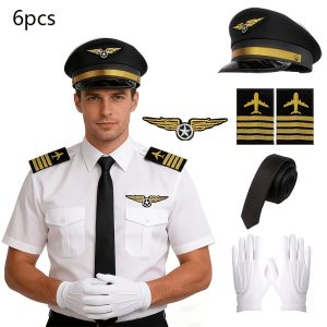 6pcs Pilot Costume Suitable for Navy Themed Parties, Roleplay & Cosplay - Aviation-Themed Outfit with Hat, Arm Badges, Tie, Gloves & Chest Patches for Halloween, Dances, Carnivals (No Full Uniforms)