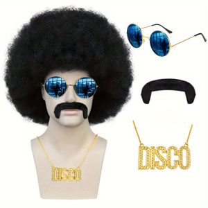 5pcs Set: Wig + Wig Cap + Glasses + Mustache + Necklace. Afro Wig, 70s Men's Afro Wig, 70s Curly Wig, Disco Party Wig, Men's 70s Disco Wig, Short Black Curly Wig, Joystick Costume, Halloween Wig, Men's Role-Play Wig