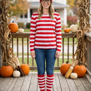 Women's Red White Striped Cosplay Costume Set, Long Sleeve Top with Pom Pom Beanie Hat, Strir Outfit for Theme Partyped Knee High Socks & Round Glasses, Ladies Halloween Carnival Masquerade Book Characte