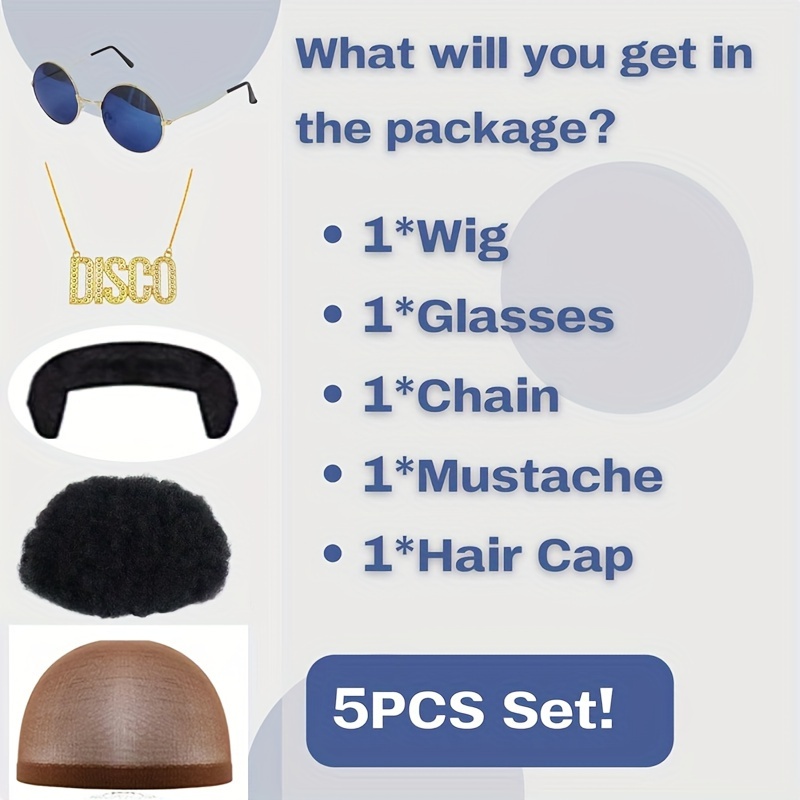 5pcs Set: Wig + Wig Cap + Glasses + Mustache + Necklace. Afro Wig, 70s Men's Afro Wig, 70s Curly Wig, Disco Party Wig, Men's 70s Disco Wig, Short Black Curly Wig, Joystick Costume, Halloween Wig, Men's Role-Play Wig - Image 5