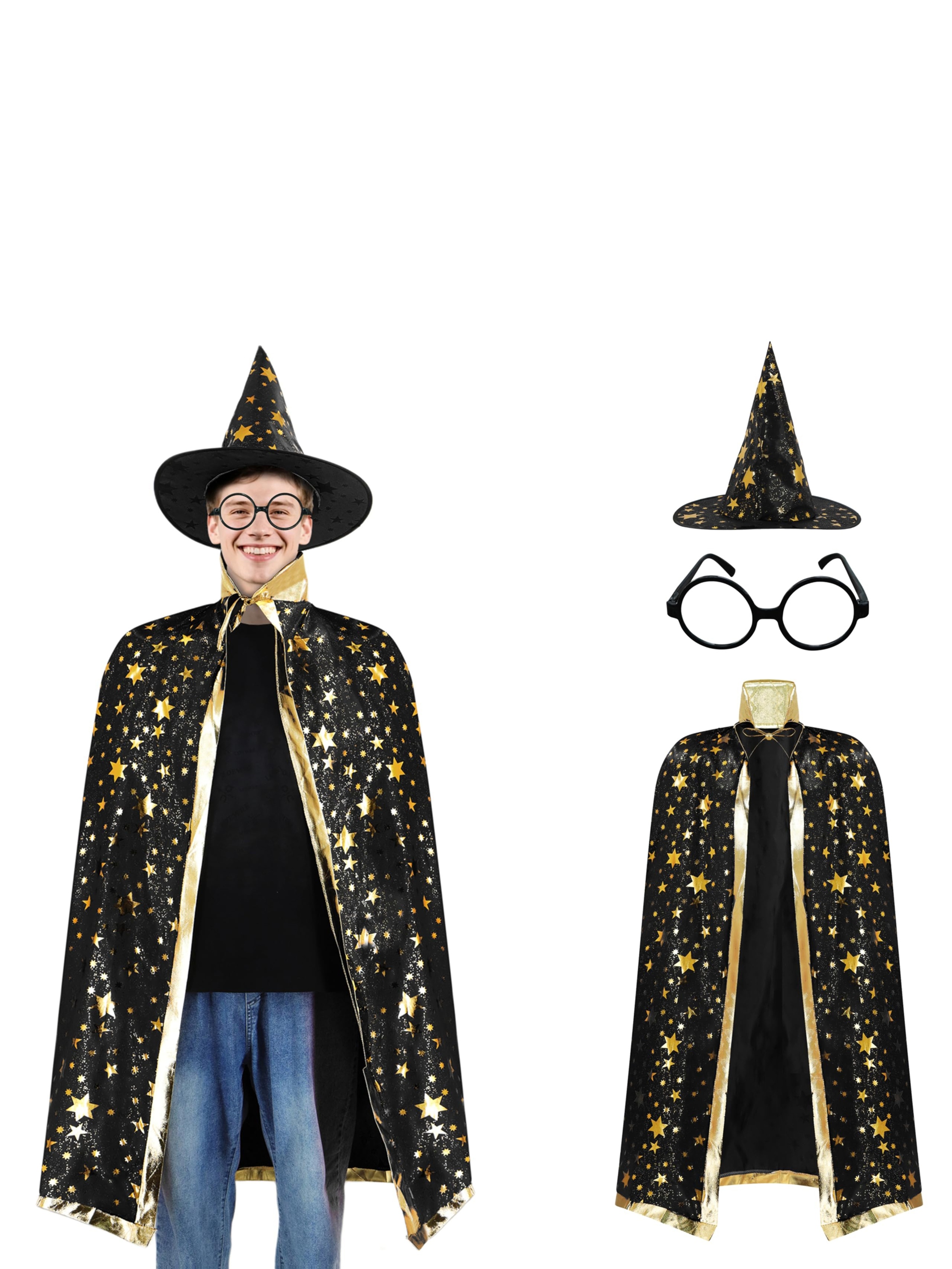 3pcs Wizard Costume for Teens, Blue & Golden Starry Witch Cape with Pointed Hat and Round Eyeglass Frames (No Lenses), Teenager Styling Costume for Halloween, Carnival, Masquerade, and School Performance, for Teenager - Image 5