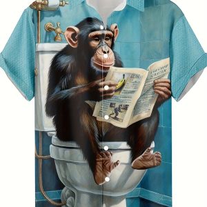 Funny Gorilla Reading Newspaper Pattern 3D Printed Men's Shirt, Fashionable Casual Hip-Hop Rock Streetwear Hawaiian Shirt