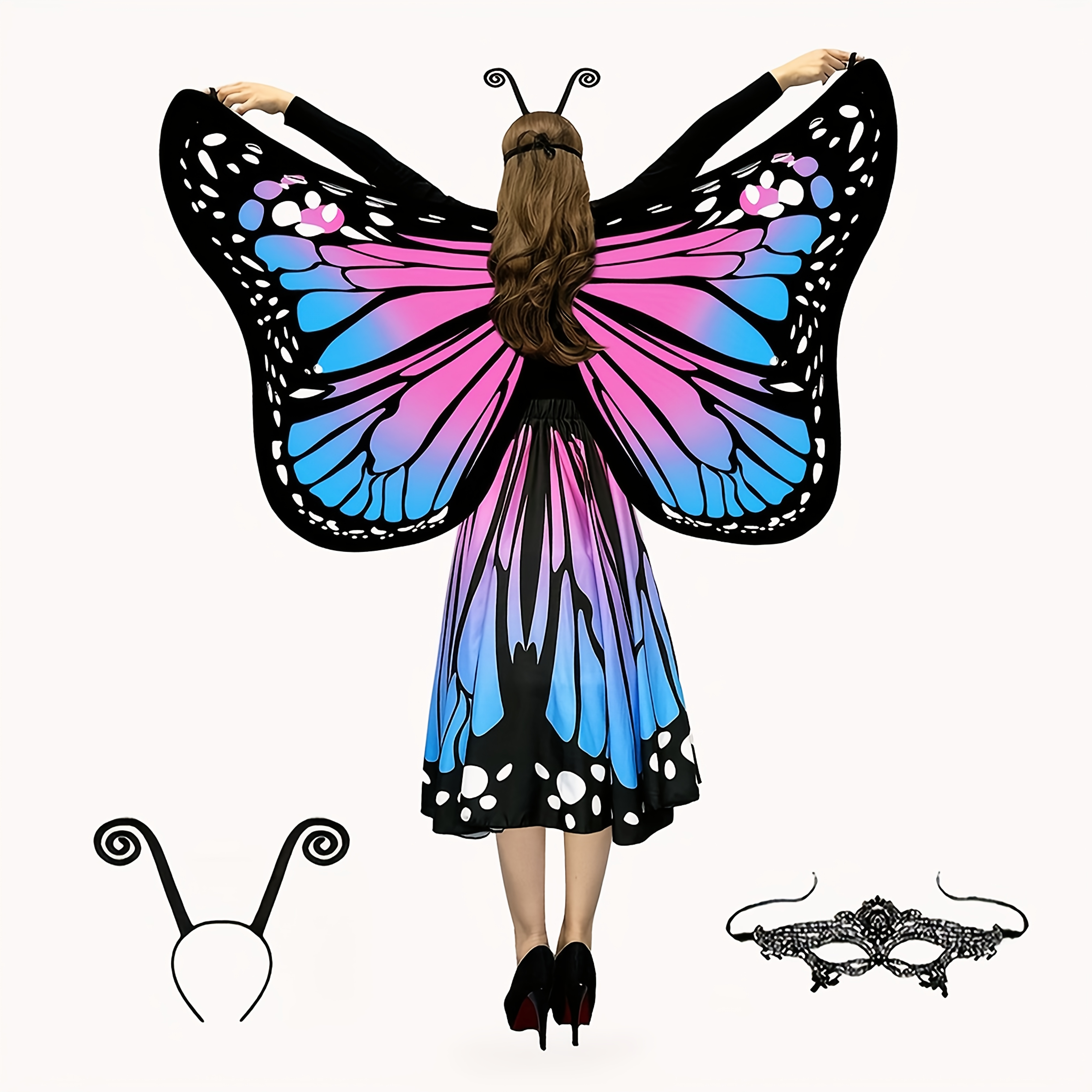 Women'S 4pcs Butterfly Costume Set with Cape, Skirt, Lace Mask And Antenna Headband - Lightweight Halloween Outfit for Christmas Parties, Carnival Parades, Cosplay Events And Masquerade Balls - Perfect Gift for Her - Image 4
