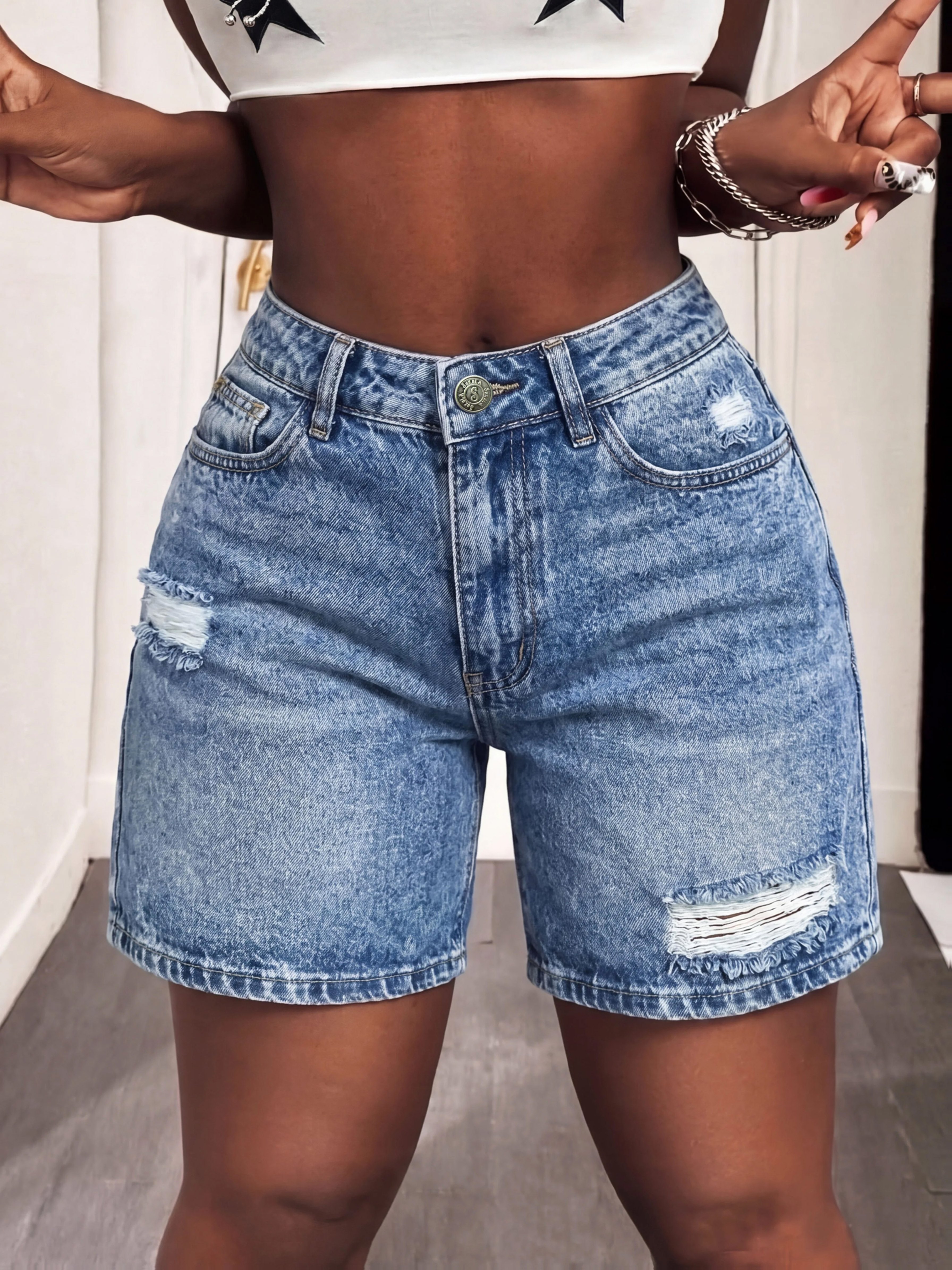 SXY Plus Size Women's Ripped Denim Skinny Fashionable Sexy Shorts