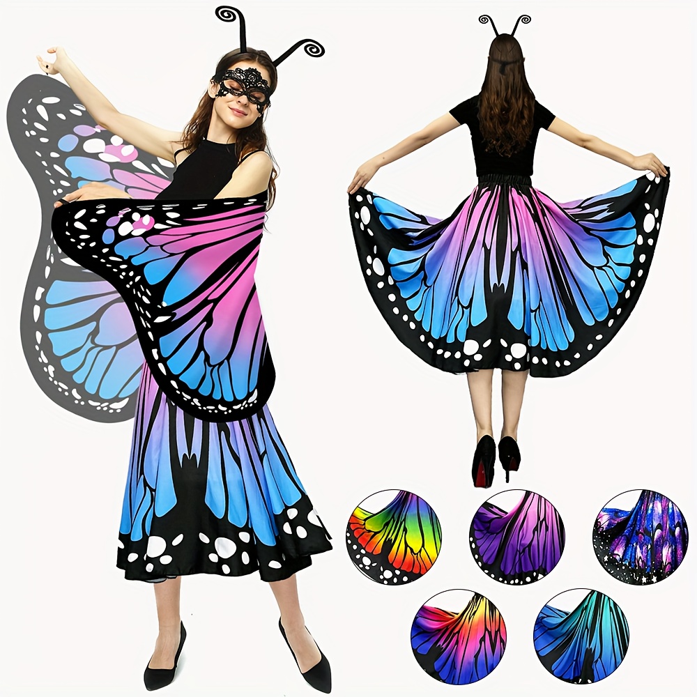 Women'S 4pcs Butterfly Costume Set with Cape, Skirt, Lace Mask And Antenna Headband - Lightweight Halloween Outfit for Christmas Parties, Carnival Parades, Cosplay Events And Masquerade Balls - Perfect Gift for Her