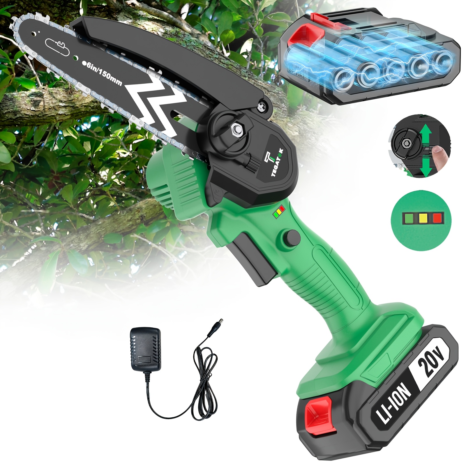 10 Inch/6 Inch Cordless Electric Chainsaw | 20V, 2*4.0Ah Lithium Batteries, 2*Chains, Charger, Efficient Cutting, for Wood Trimming, Woodworking, Landscaping, Yard Pruning - TEGATOK