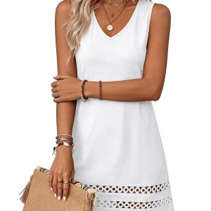 Summer Women's V-Neck Sleeveless Lace Trim Dress, Elegant Lace Hem Mini Maxi Dress for Beach Vacation