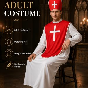 Halloween Costumes Men Medieval Bishop Style Costume Set with Long White Robe, Red Cross Tabard and Matching Hat, Vintage Cosplay Outfit for Adults, Perfect for Costume Parties, Stage Performances, Themed Parties, Masquerade Balls and Role Playing