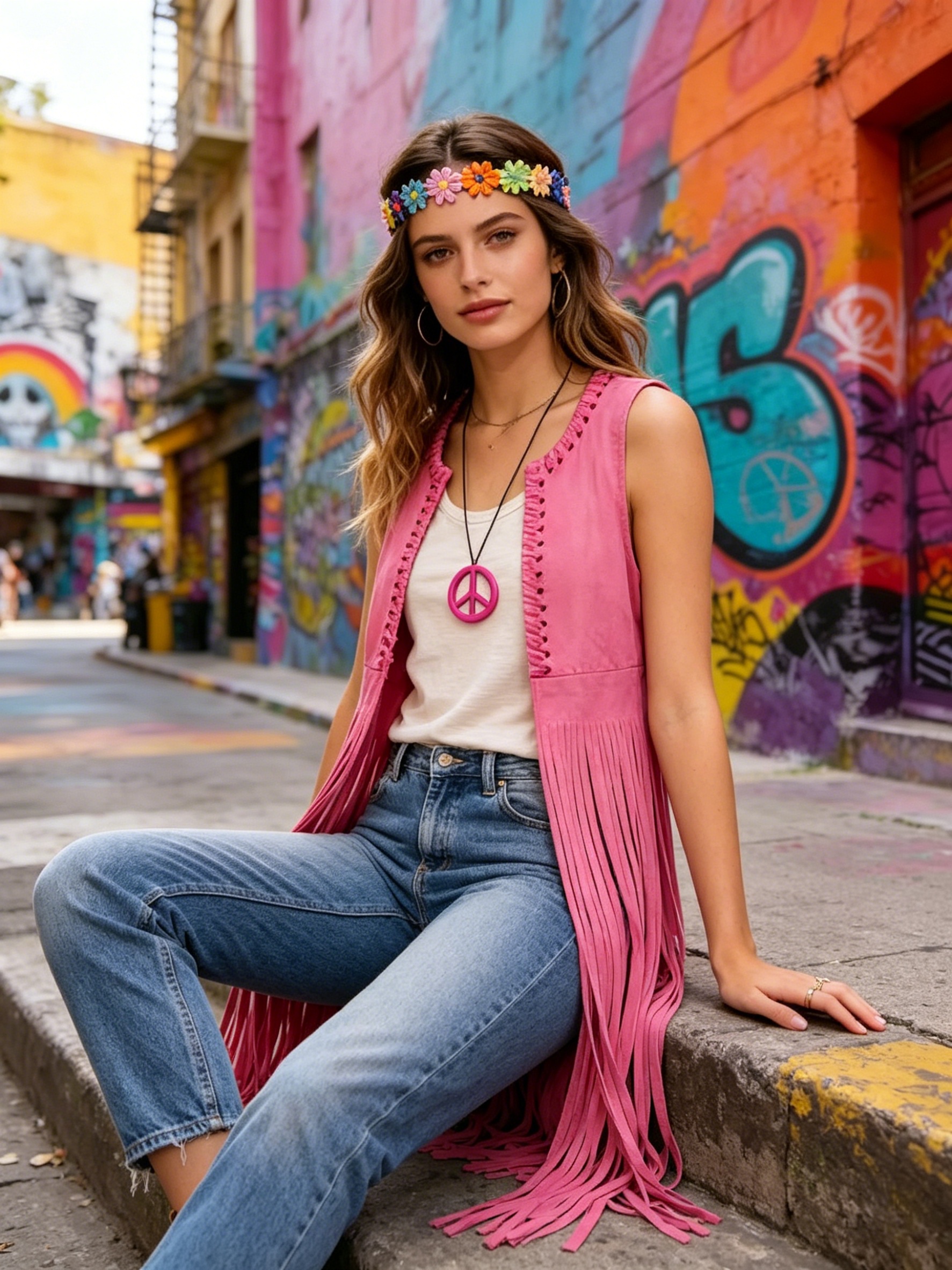 60s 70s Retro Hippie 3pcs Outfit, Pink Striped Tank Top with Headband & Round Badge Accessories, Halloween Costume for Theme Party, Music Festival & Cosplay