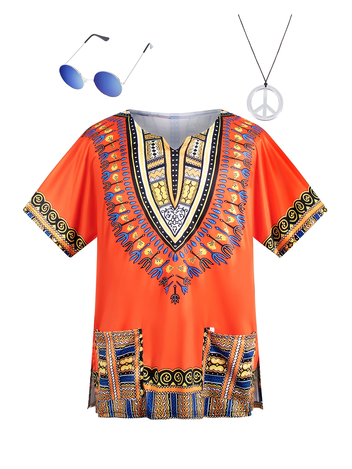 Hippie Clothing Men Women 60S 70S Multicolor T-Shirt 3pcs Set Themed Party Role-Play Outfit, Ethnic Style Print, Men'S Round Neck Design, Halloween Costume, Carnival Costume, Retro Disco Attire