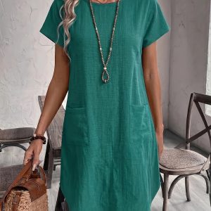Women's Summer Round Neck Batwing Sleeve Straight Cut Dress with Dual Pockets for Casual Wear