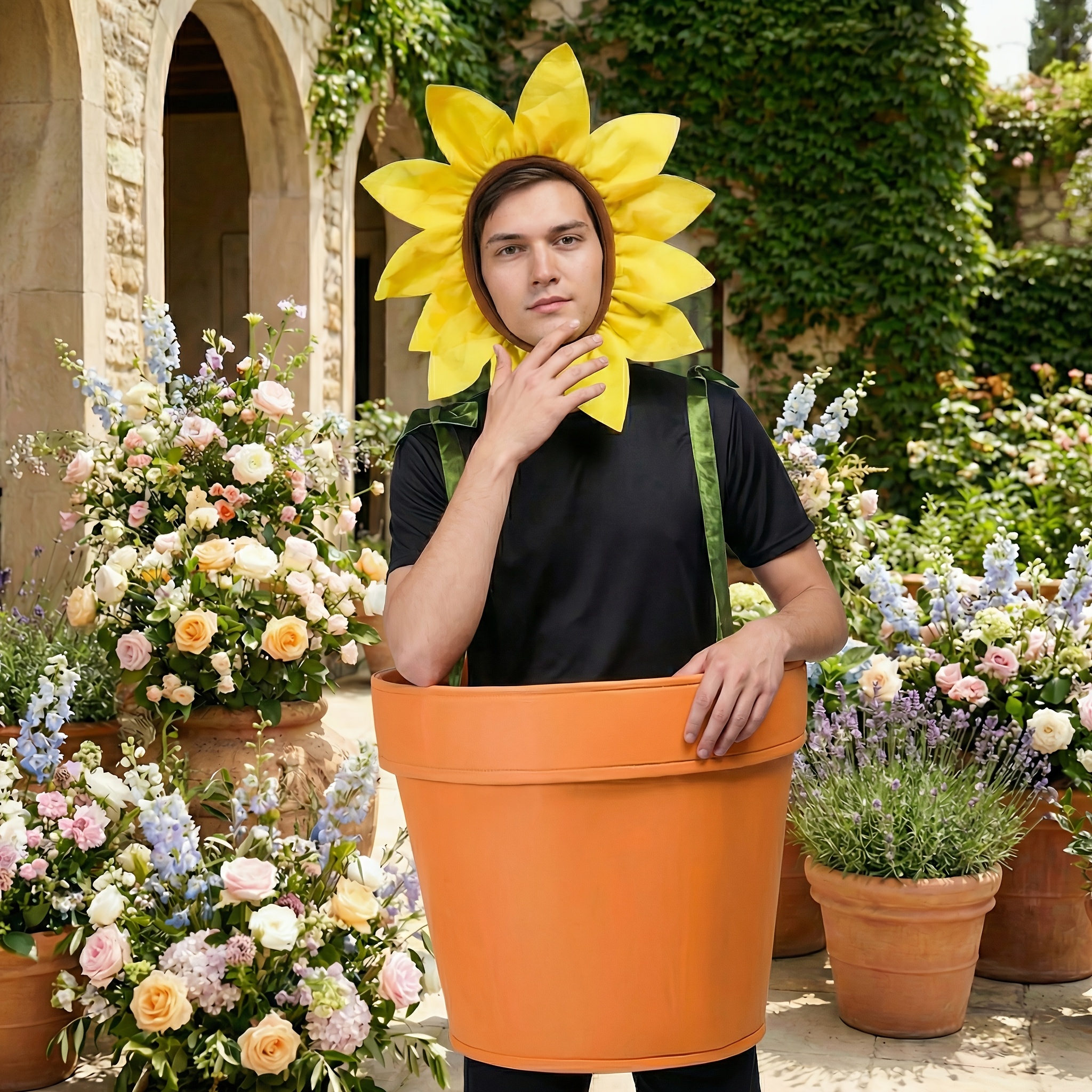 Plus Size Two-Piece Unisex Funny Sunflower Costume Potted Plant Flower Pot Halloween Christmas Carnival Reading Festival