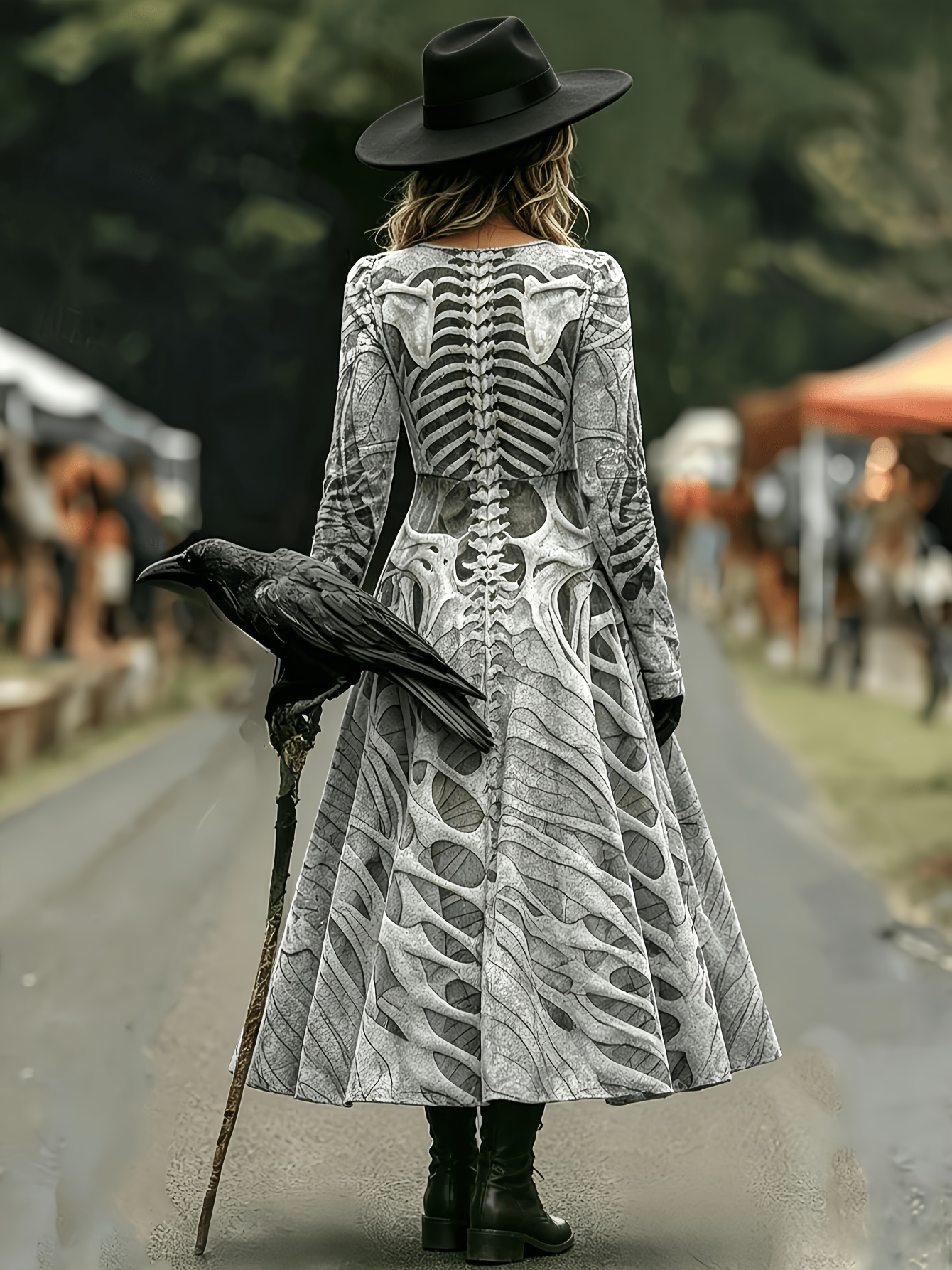 Women's Gothic Elegant Skull Print A-Line Midi Dress - Long Sleeve Full-Length Suitable for Halloween Costumes, Themed Parties & Daily Wear, Machine Washable Dress with Skull Pattern (No Transparency) - Image 2