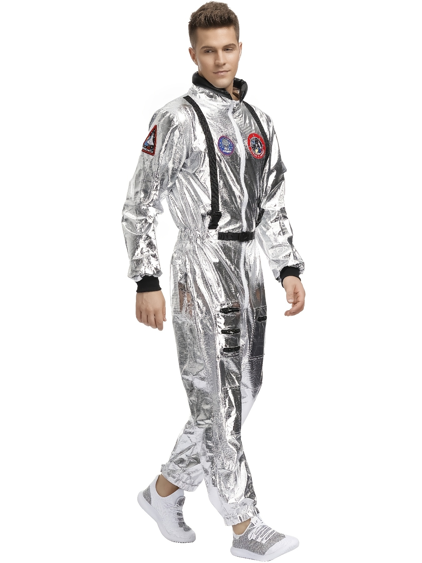 Men'S Silver Astronaut Costume Adult Spaceman Jumpsuit Space Explorer Suit for Halloween Party Role Play